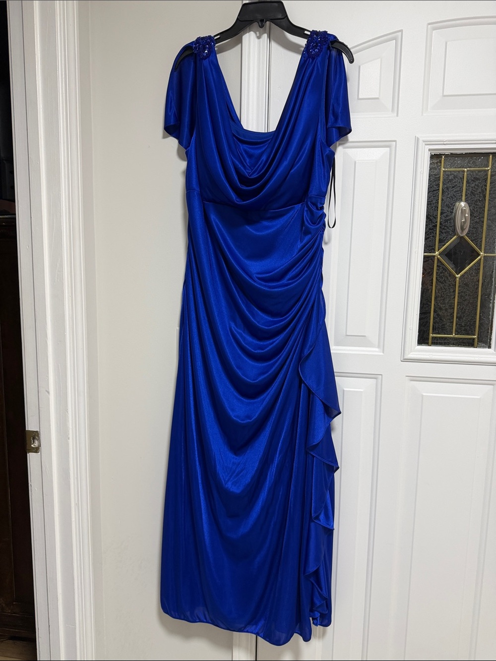 Betsy & Adam Royal Blue Draped Maxi Dress with Embellished Shoulders